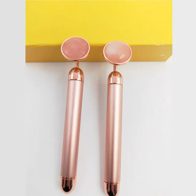 Electric Face Roller with Rose Quartz and Gold Stick