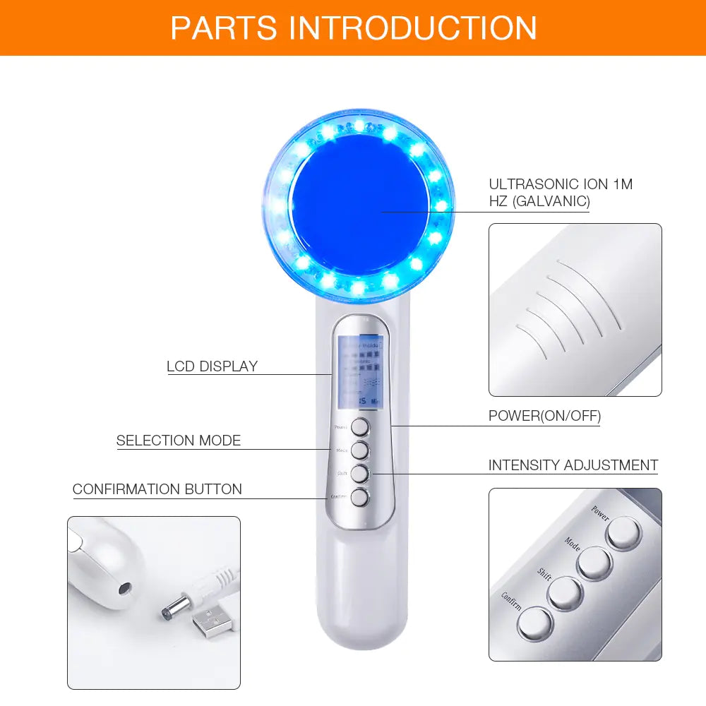 Ultrasound Ion Facial Device with LED Light Therapy